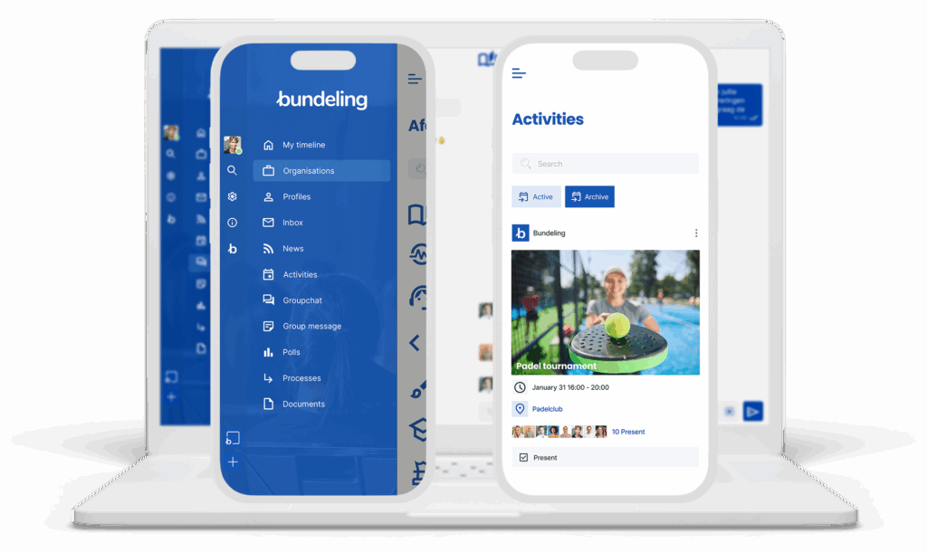 An image of a laptop and two phones with the bundeling app on it.
