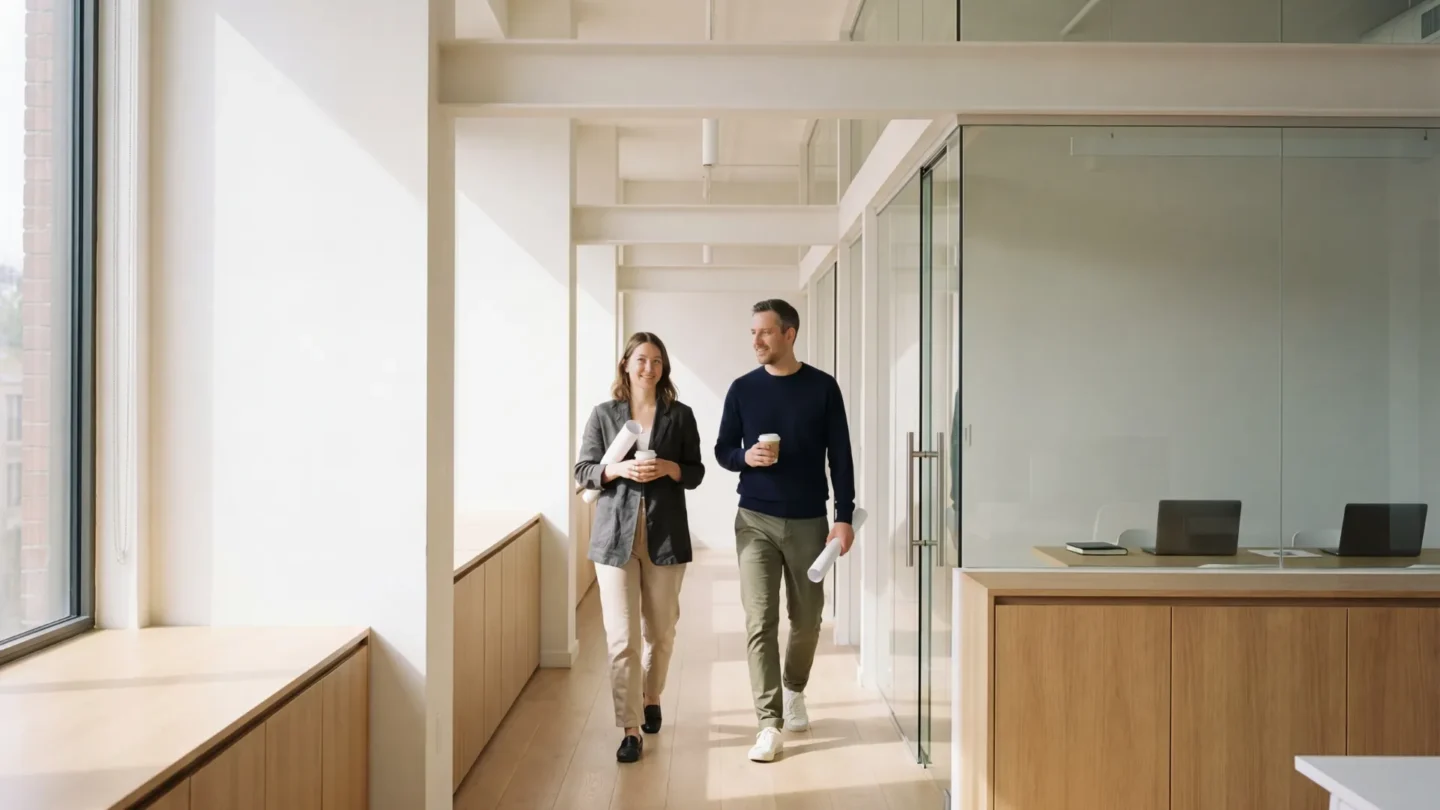 twee mensen lopen over de gang