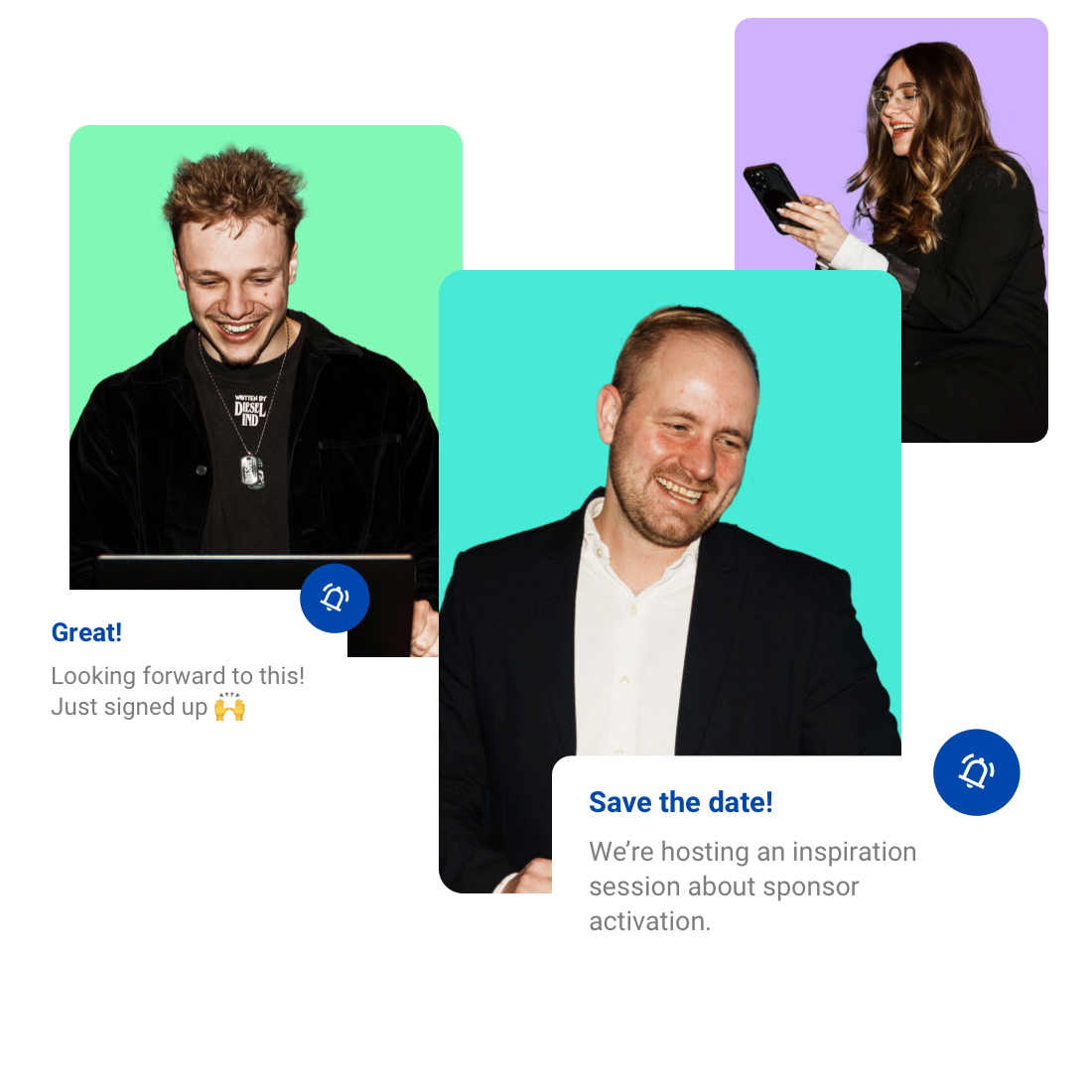 A colorful graphic of three people with two text bubbles saying they look forward to the upcoming event