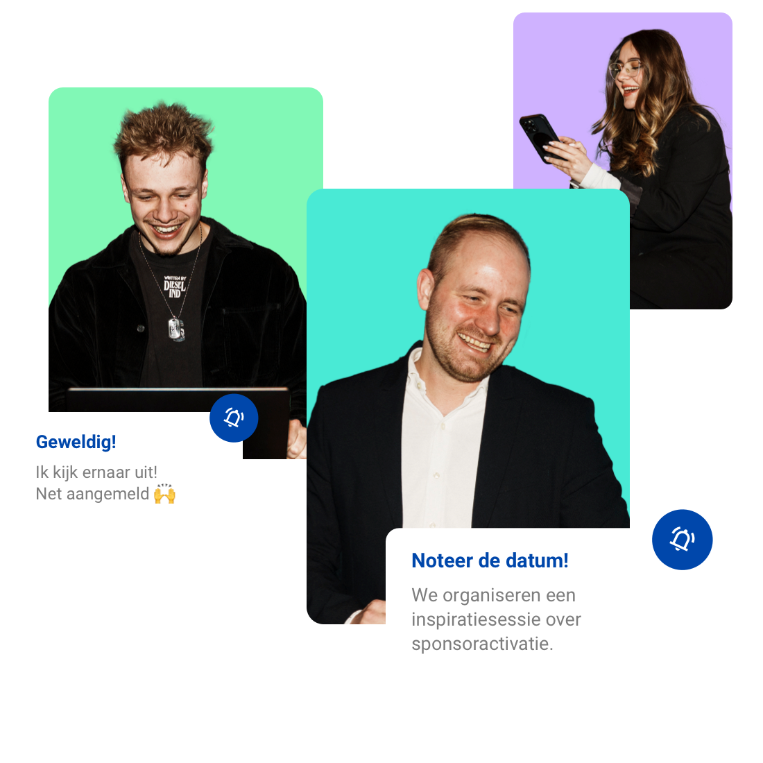 A colorful graphic of three people with two text bubbles saying they look forward to the upcoming event