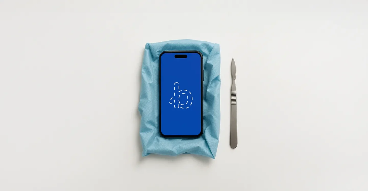 A smartphone with a scalpel next to it which looks like it's about to have a surgery performed