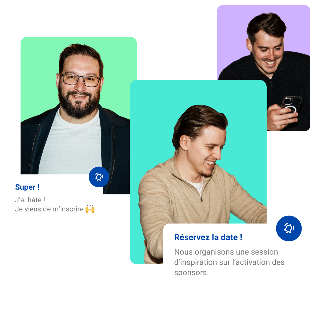 A colorful graphic of three people with two text bubbles saying they look forward to the upcoming event