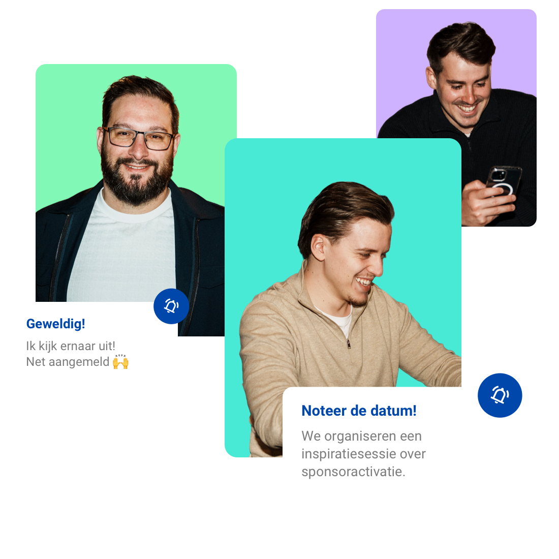 A colorful graphic of three people with two text bubbles saying they look forward to the upcoming event