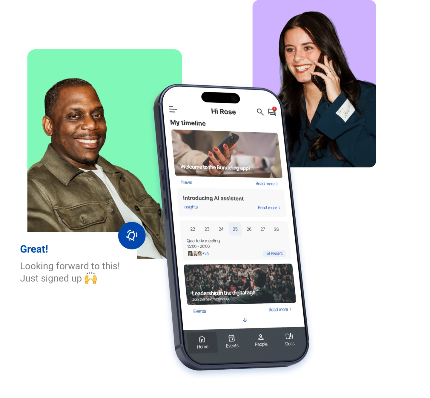 A man and a woman laughing. The woman is on the phone. In front there is a phone displaying the Bundeling app.