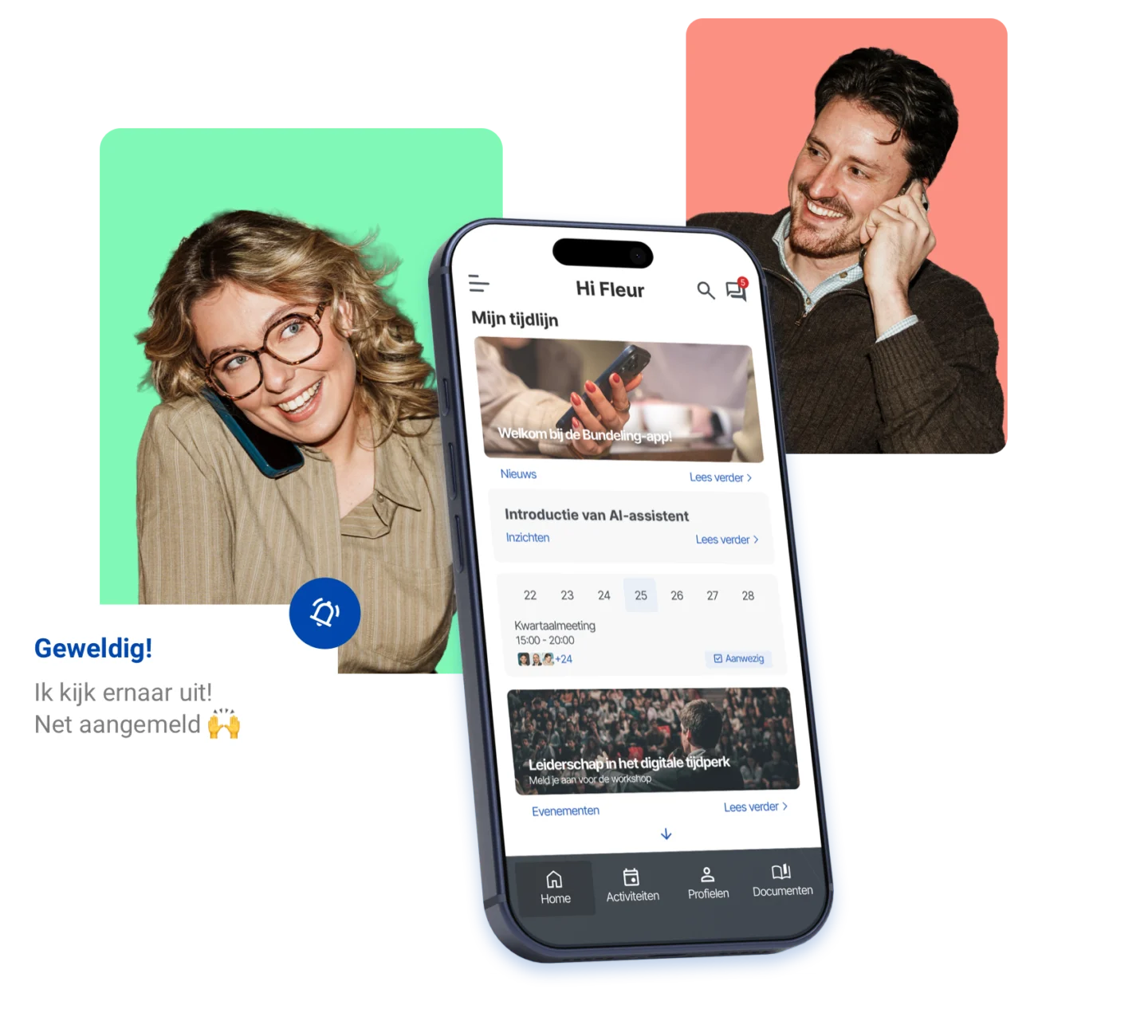 Twee mensen in een kleurvak lachend aan de telefoon. Vooraan een telefoon dat de Bundeling app laat zien.